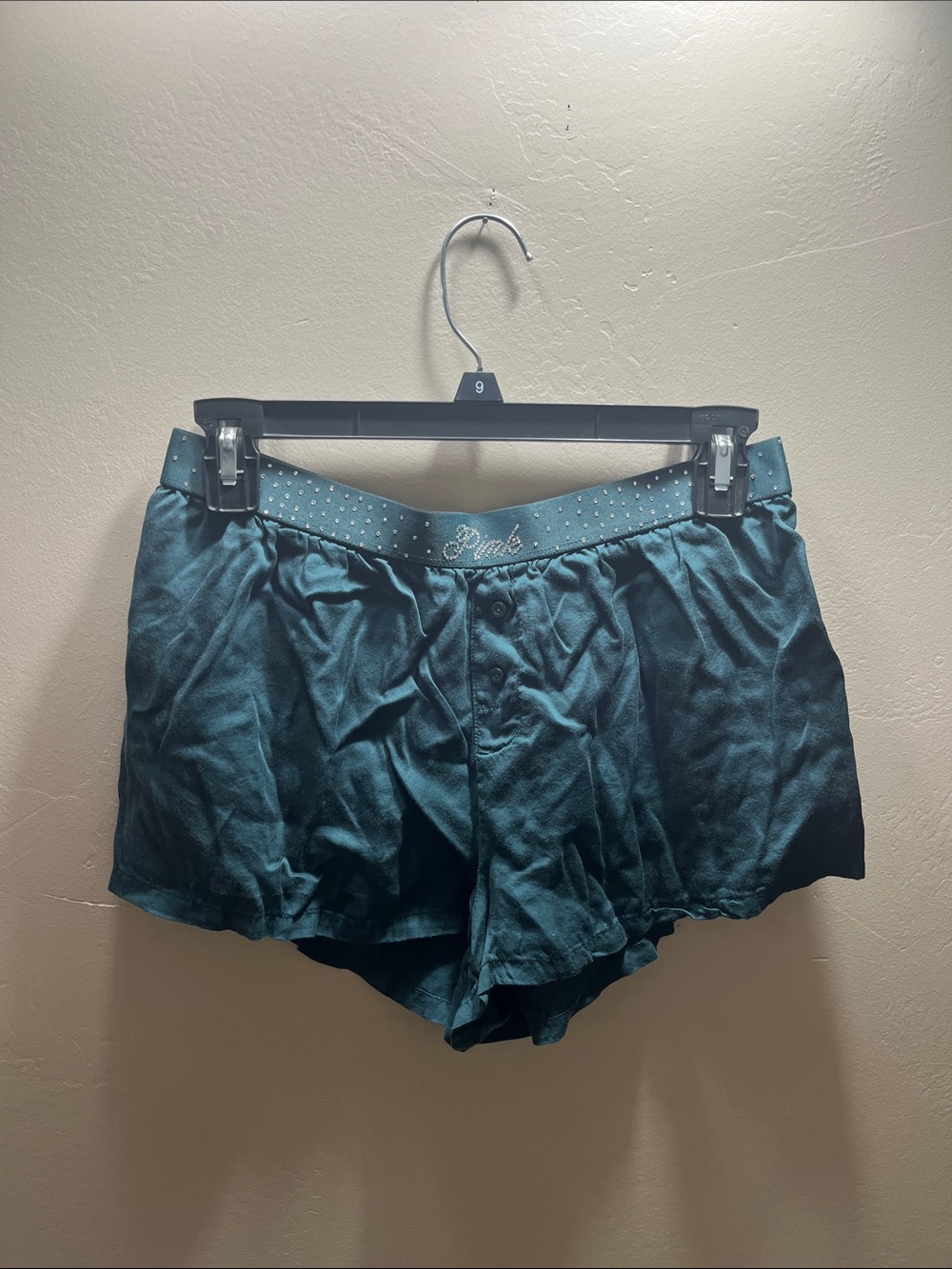 PINK Victoria's Secret Teal Satin Lounge Shorts with Studded Waistband